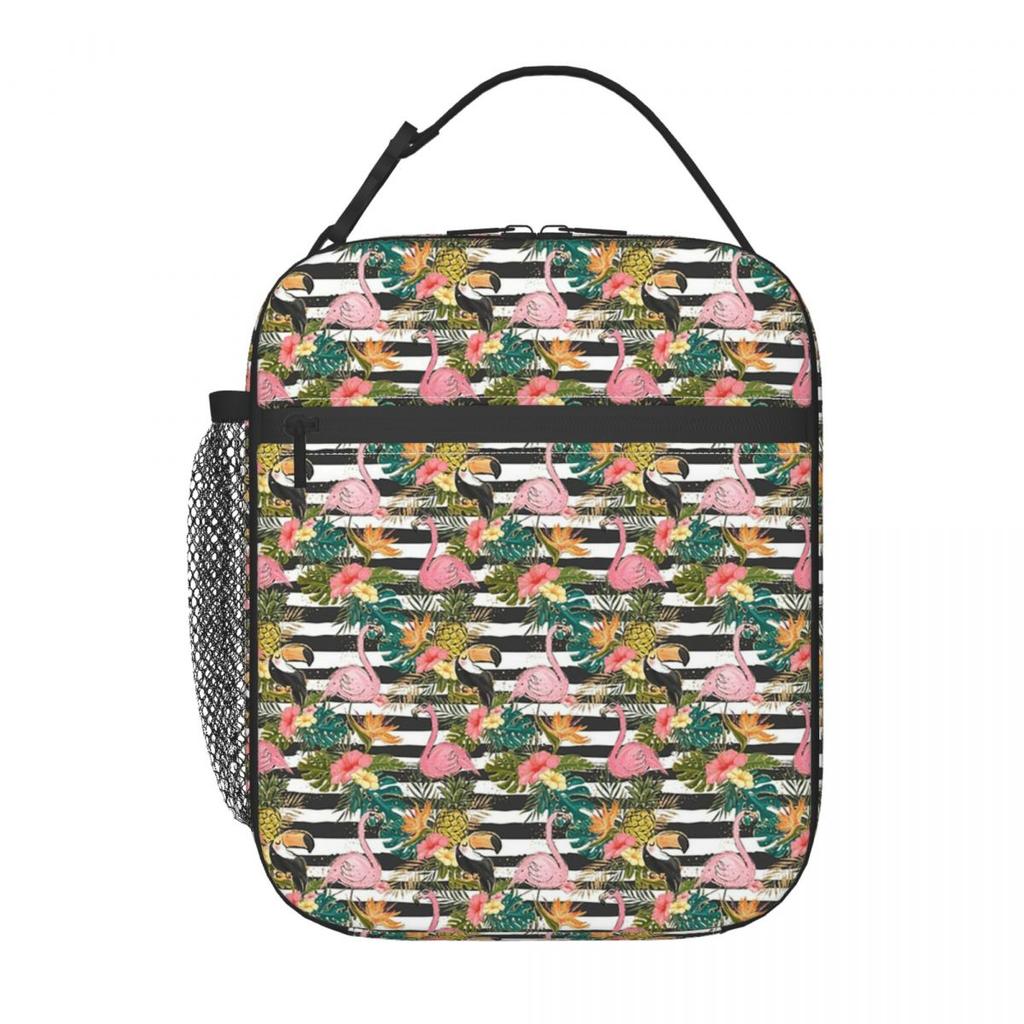 Black Striped And Cartoon Flamingo Insulated Lunch Bag for School Cooler Thermal Food Box Tote Leakproof Lunch Boxes Container