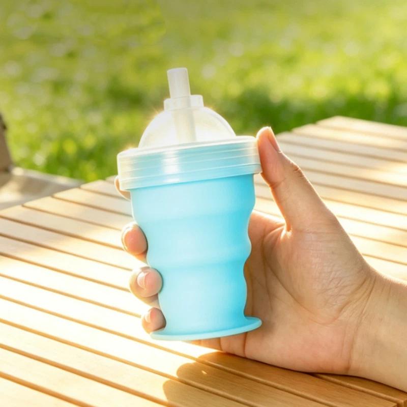 Portable Foldable Ice Ball Cup Food Grade Silicone Ice Ball Mold With Straw For Any Drink Reusable Travel Water Bottle