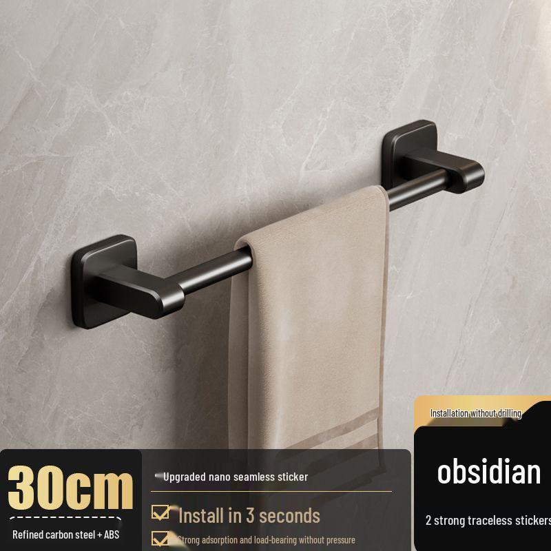 No-Punch Wall-Mounted Black Towel Rack with Shelf for Bathroom