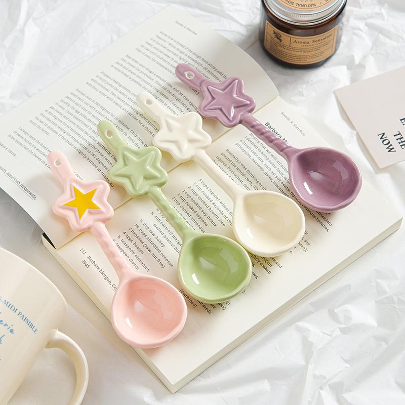 Ceramic Star Shaped Spoon Twisted Spoon Cute Long Handled Cream Design Coffee Stirring Spoon