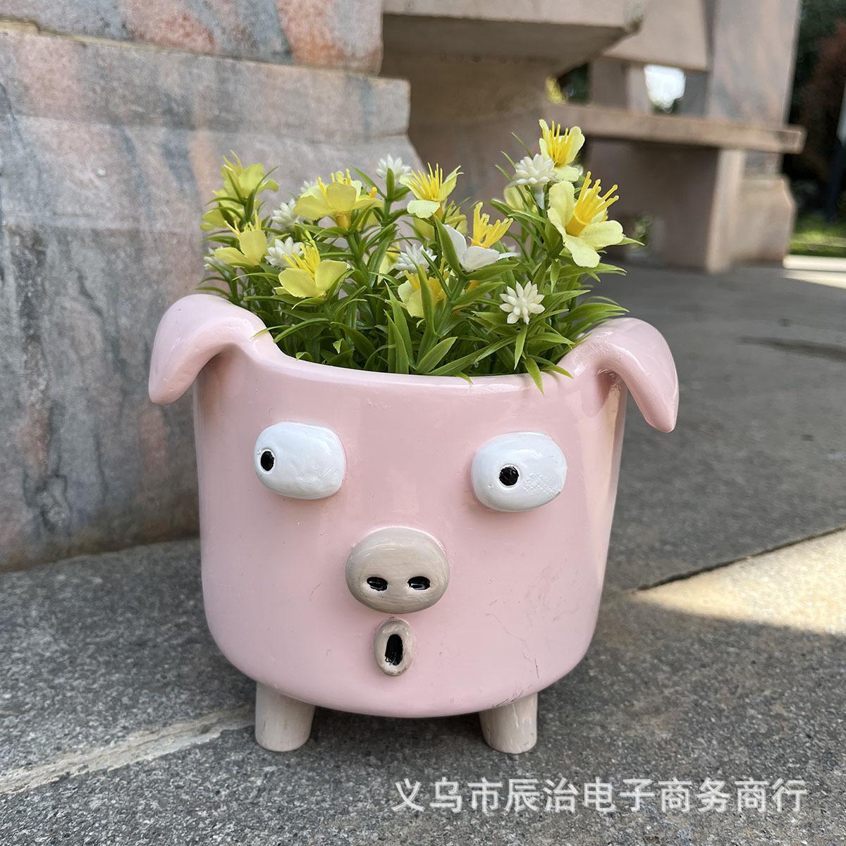 Cute cartoon piggy-shaped flower pot, creative cute resin animal statue, home garden garden decoration