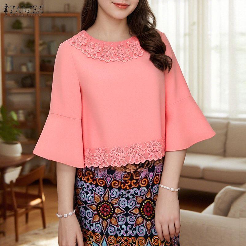 

ZANZEA Женская повседневная блузка с кружевной вставкой, круглым вырезом и рукавами-фонариками S розовый