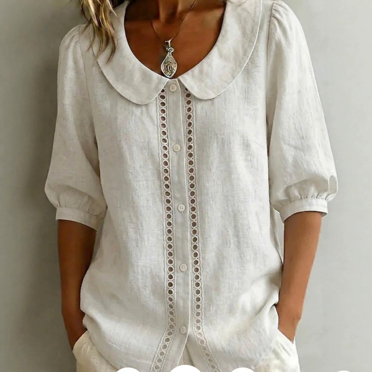 Women White Peter Pan Collar Blouse Short Sleeve Button Up Casual Loose Fit Summer Top S белый