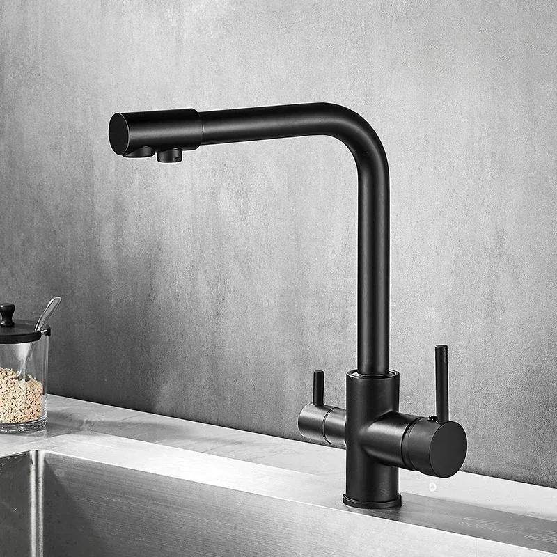 Copper Hot and Cold Modern Kitchen Sink Faucet Stainless Steel Dual Spout Drinking Water Filter Double Handle Sink Mixing Tap