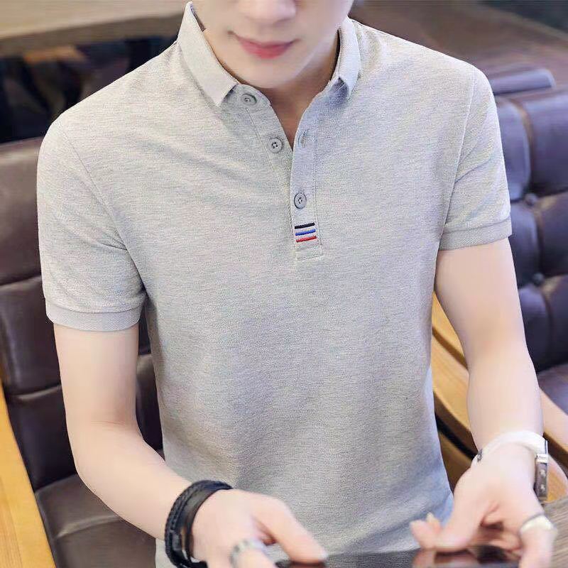 

Fashion Loose Pullovers Casual T-Shirts Simplicity Handsome Short Sleeve Button Man Solid Turn-down Collar Office Men s Clothing L серый