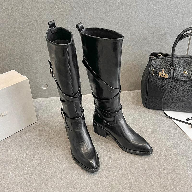 Retro pointed versatile thick-soled thick-heeled knight boots 2025 new wide tube cross-buckle but knee boots women