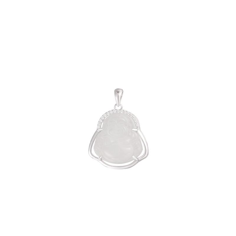S925 Sterling Silver Green Chalcedony Laughing Buddha Pendant Necklace for Women - Maitreya Sitting Buddha Sweater Chain Jewelry 925 Silver