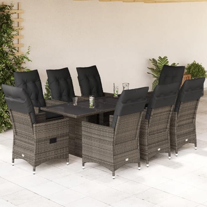 VidaXL 9-piece Garden Dining Set Grey Cushions Wicker 3276745