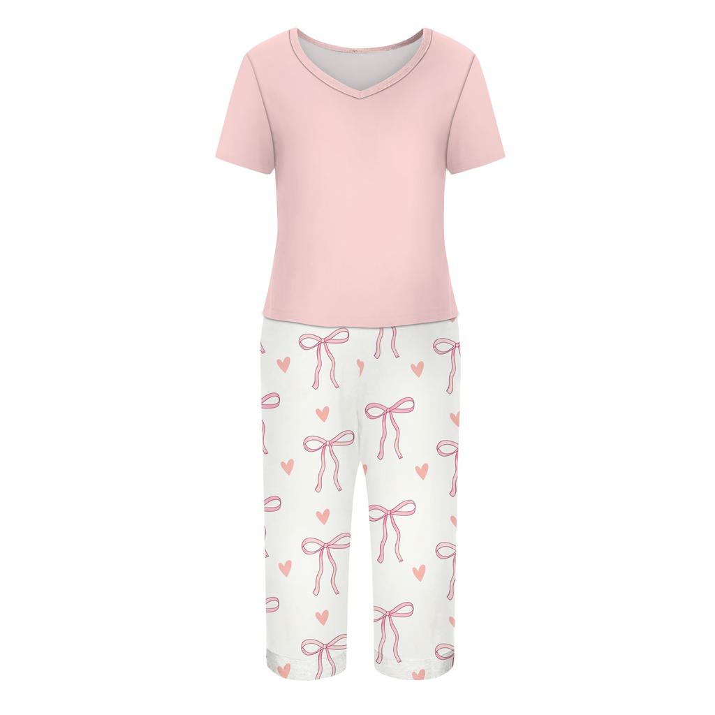 Women's Printed Two Piece Short Sleeve Pajama Set with Pants for Casual Sleepwear
