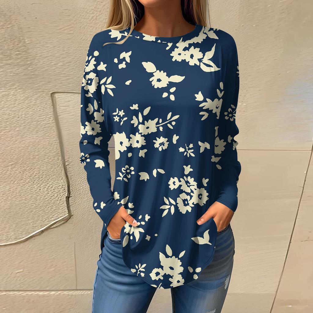 Women's Fashion Casual Round Neck Floral Long Sleeve T-shirt Pullover Long Sleeve Top