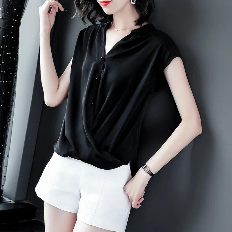 

Шифоновая рубашка с v-образным вырезом, женская летняя блузка с прикрытием живота, свободная блузка с короткими рукавами, без рукавов, тонкая однотонная рубашка большого размера, женский летний топ 3XL