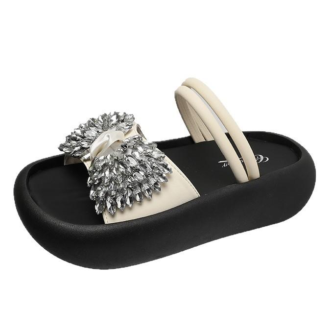 Beautiful rhinestone cool slippers for women's summer wear 2025 new thick-soled heightening French style with skirt open-toed sandals