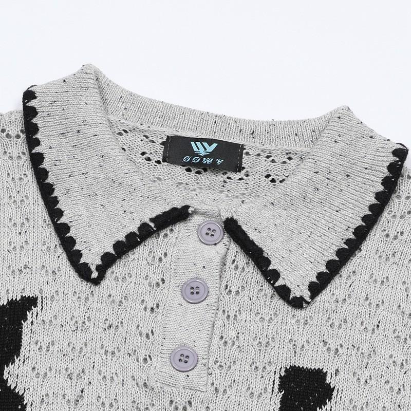 Unisex Oversized Knit Sweater With Cat Jacquard V-Neck Loose Fit Cotton Pullover Winter