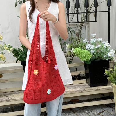 Red Bag Flower Hollow Wool Lazy Knitted Shoulder Bag Women's Casual Largecapacity Tote Bag