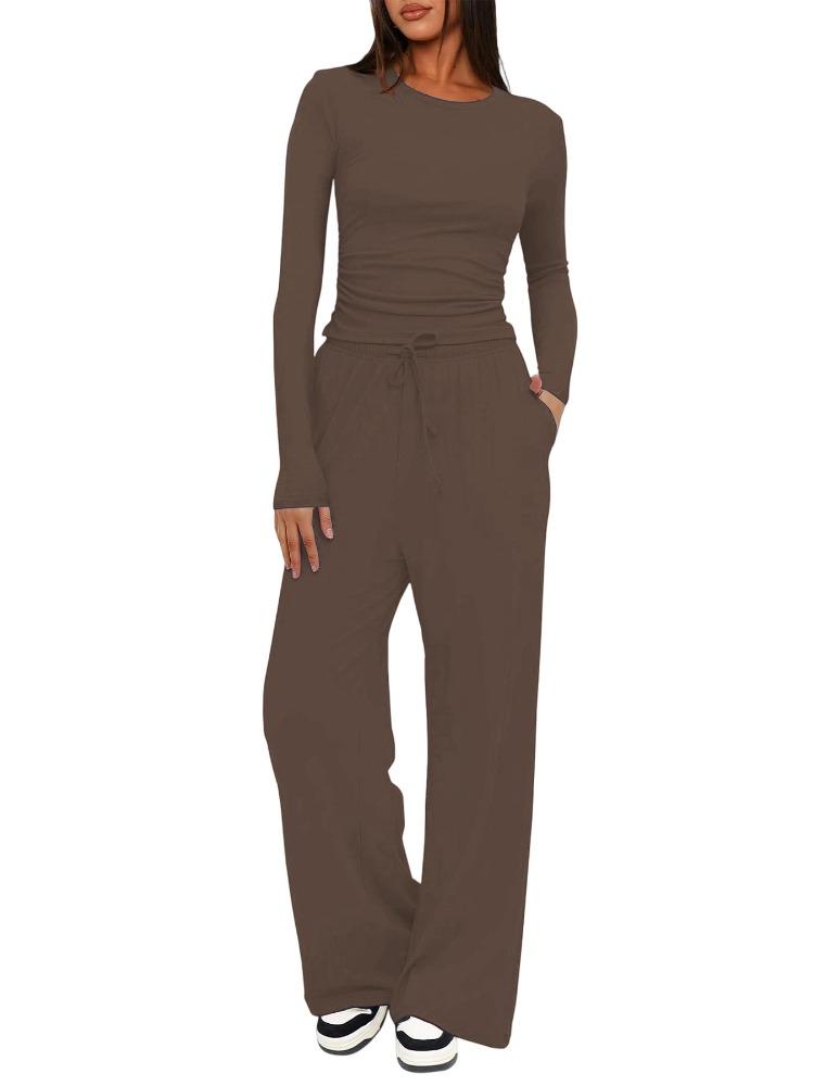 Solid Color Casual Long Sleeve Set Top High Waisted Wide Leg Pants Sportswear