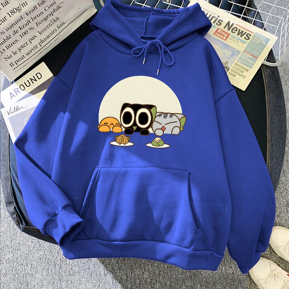 Luo Xiao Hei Cat Cartoon Printing Hoodies Winter Fleece Kawaii Printing Sweatshirts Streetwear Women Comfortable Pullover