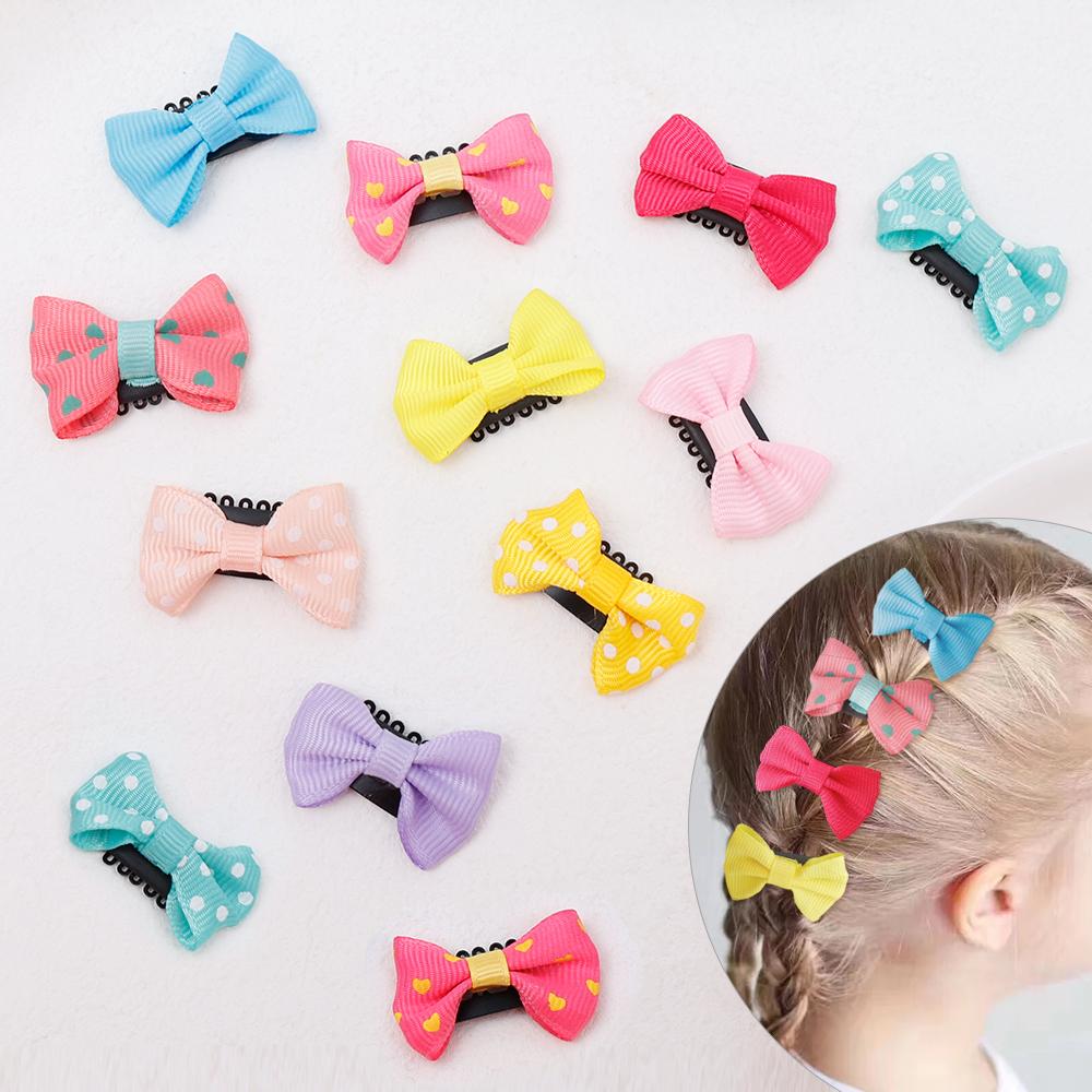 10Pcs Baby Girl'S Hairgrips Strip Knot Barrettes Solid Dot Pringting Small Bow Ribbon Hair Clips Hairpins Kids Hair Accessories