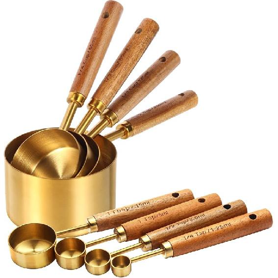 Gold Measuring Cups and Spoons Set,8 Piece Premium Stainless Steel Measuring Cups with Wood Handles,4 Stackable Wooden Measuring Cups and 4 Measuring