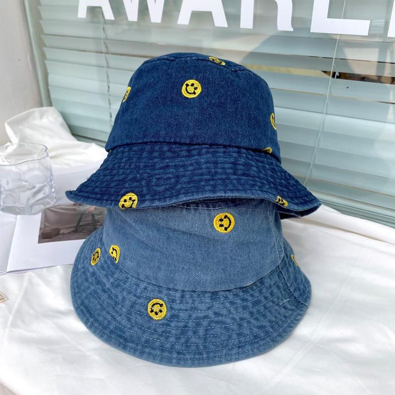 Simple Smiley Face Casual Denim Fisherman Hat Women Harajuku Vintage Bucket Hat Korean Style Spring Summer Sun Hat Men 2021