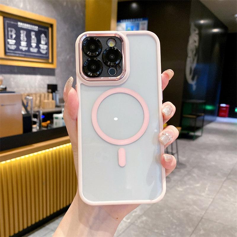 Funda magnética transparente con bisel de color de alta calidad de lujo para iPhone 15 Pro Max 14 Plus 13 12 11 Pro, cubierta completa con cubierta de película para lente