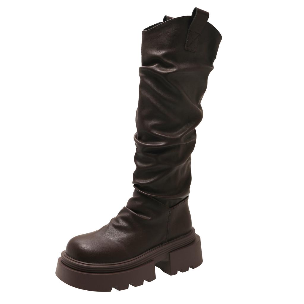 Thick-bottomed folded high boots women's autumn and spring height and thinness but knee long boots thick-heeled knight boots
