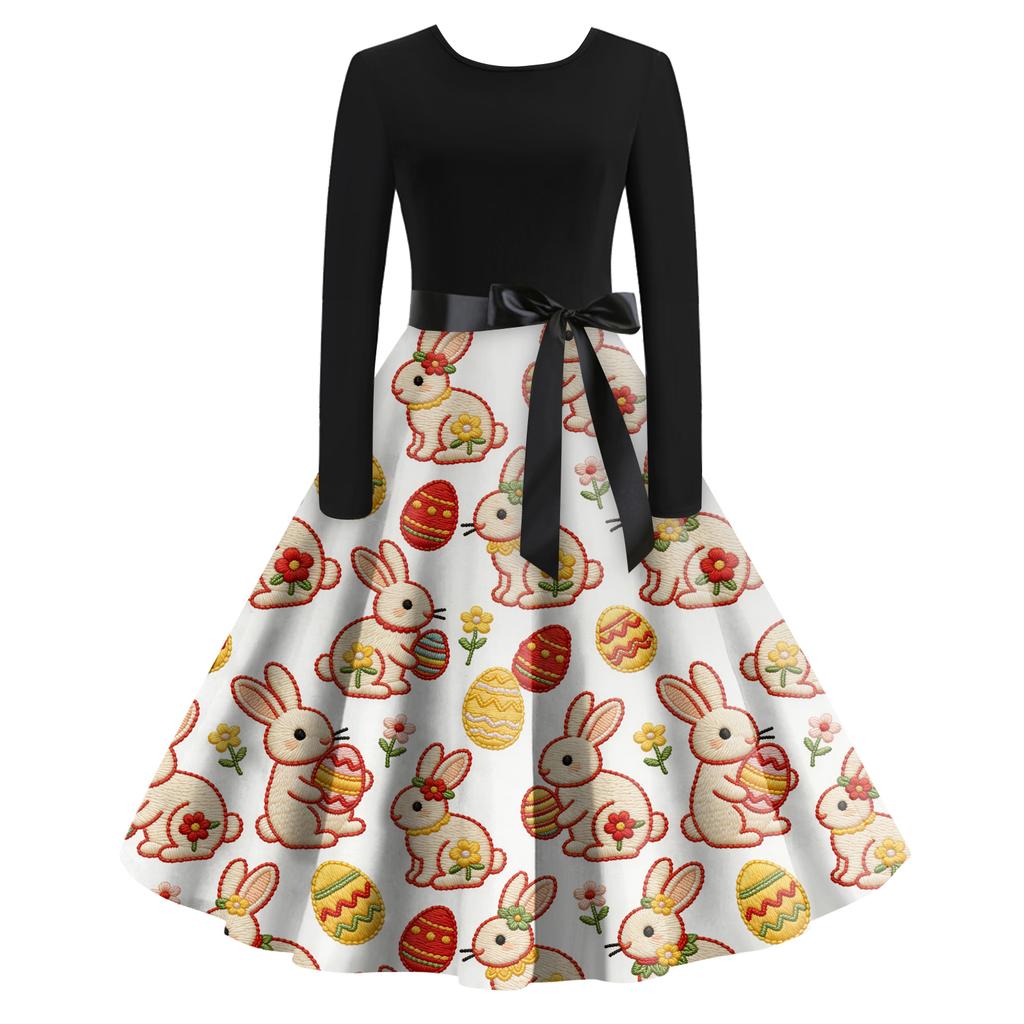 Women's Casual Fashion R-neck Long Sleeved Retro Christmas Print Retro Dress
