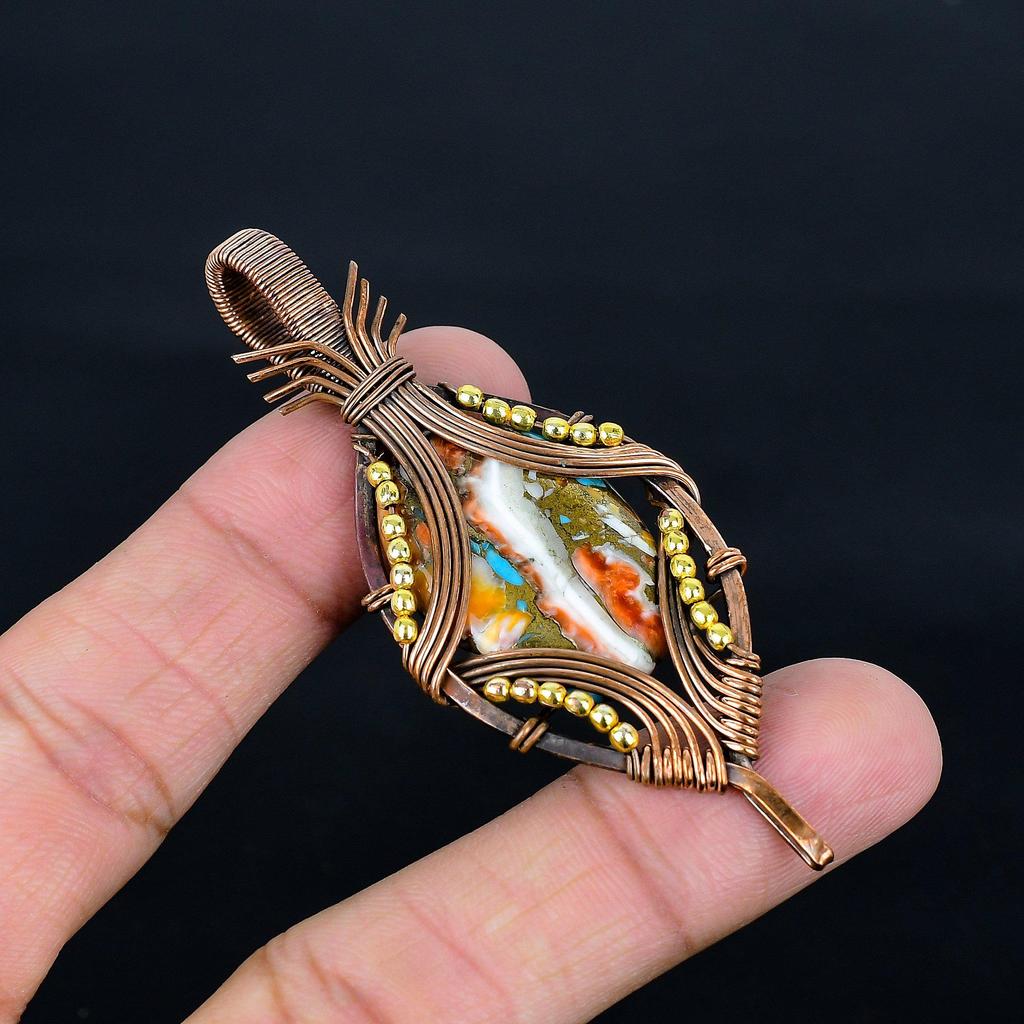 Anhänger aus Orangefarbener Stachelmuschel, 999 Kupferdraht umwickelter Edelsteinschmuck, Handgefertigter Anhänger Erstaunlicher Schmuck, Geschenk für Sie