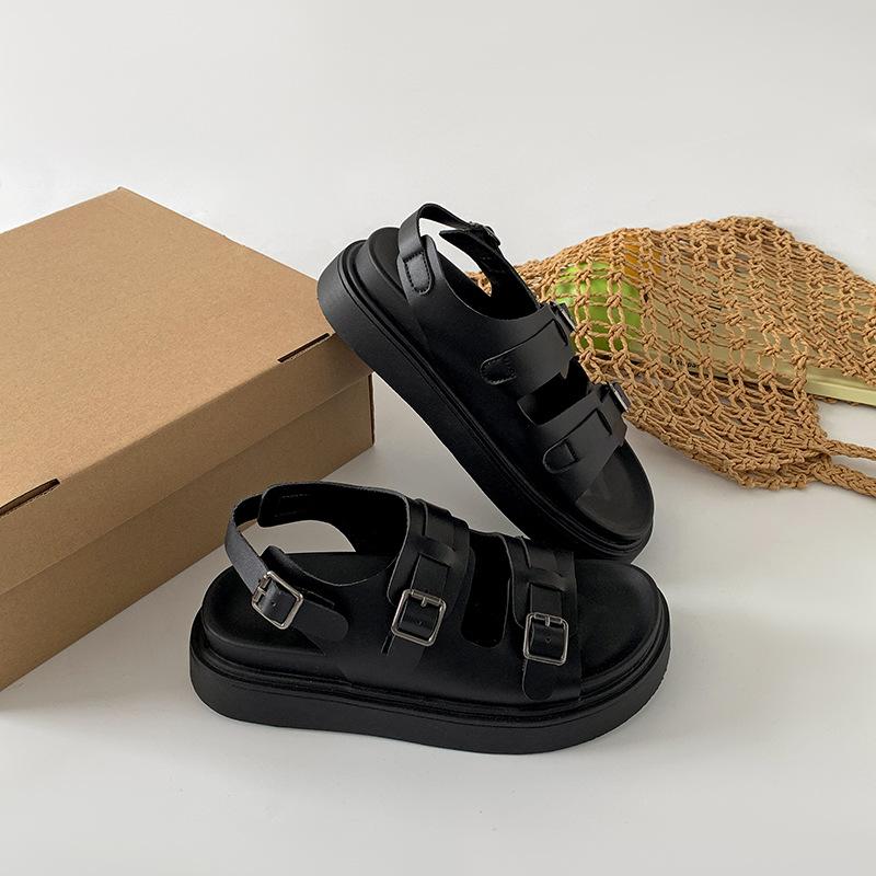 Popular Internet celebrity retro black platform one-word sandals women's 2025 new skirt with high-end Roman shoes