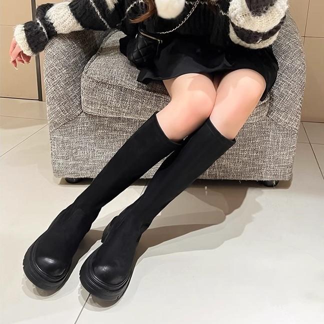 Uncle's Same Suede Elastic Boots, Thin Boots, 2025 New Long Boots, Women's Thick-soled Fat Mm Knight Boots