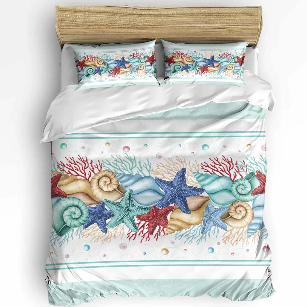 Blue Marine Coral Shels Starfish Soft Duvet Cover featuring Pilow Case Custom 3pcs Beding Set Comfortable Quilt Cover Double Bed Home Textile