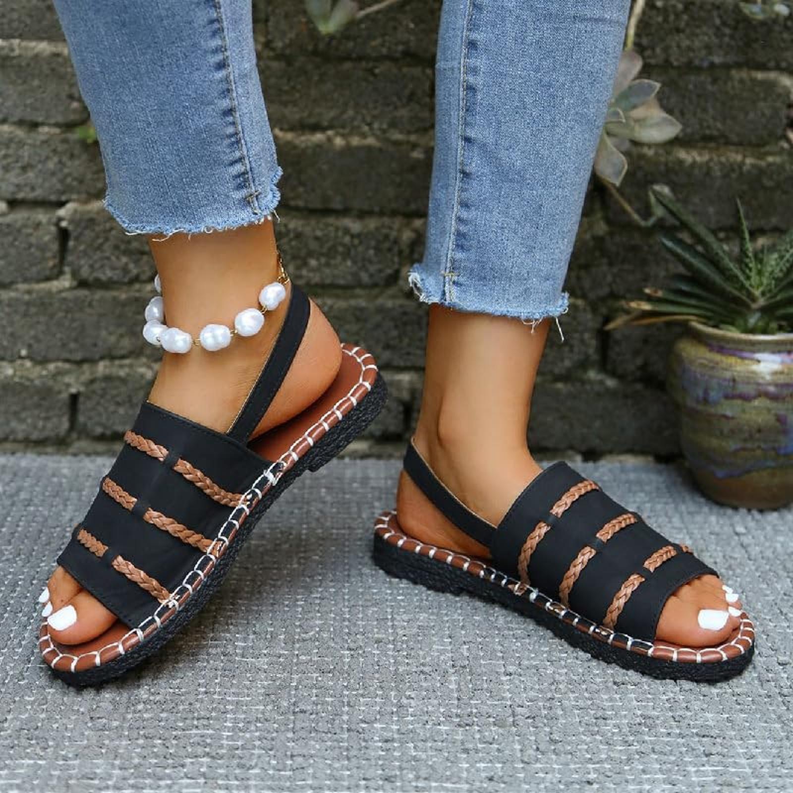 

large size Summer women s fashionable woven flat-toe open-back sandals, with adjustable buckle straps, comfortable and casual 36 чорний