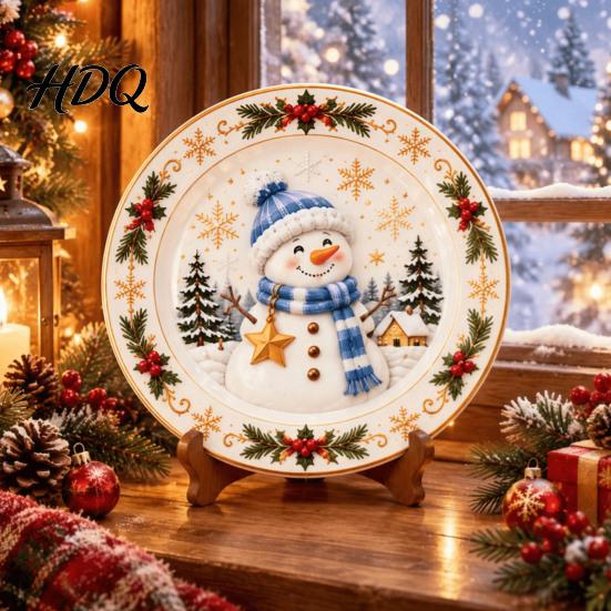 Winter Holiday Plate Wooden Christmas Round Plate Santa Snowman Stocking Tree Bell Sleigh Dish Table Centerpiece Decor Xmas Tabletop Ornament