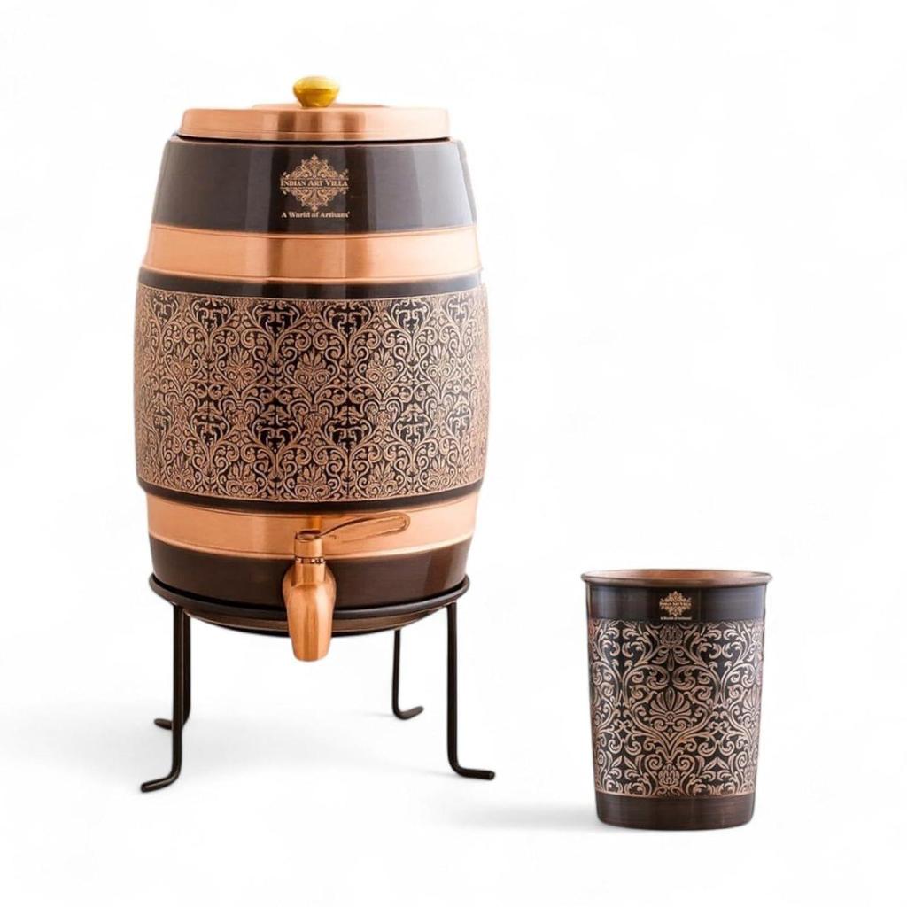 Copper Water Carafes with Embossed & Black Printed Design – 5 Liter Water Carafes with Stand, Tap & Glass (275 ML), Ayurvedic Drinkware for Home