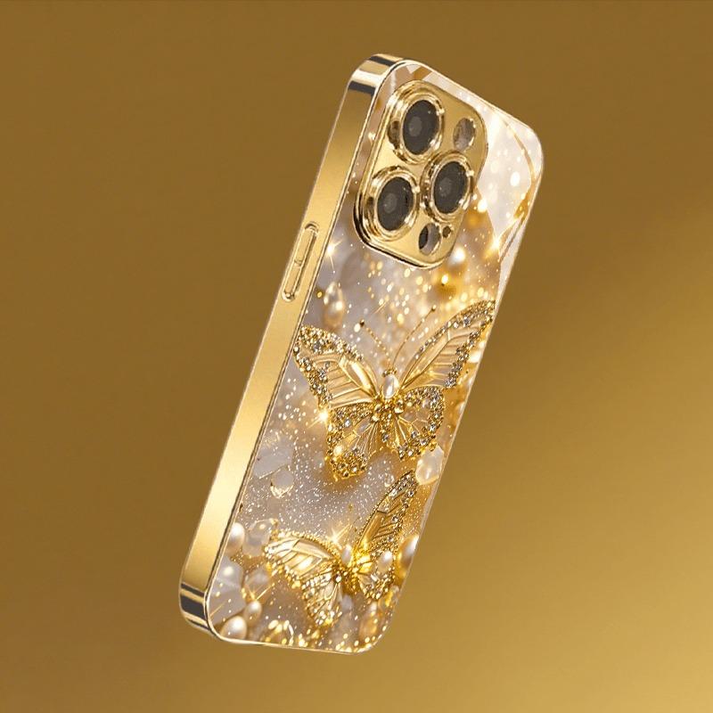 Golden Butterfly Pattern Gold Metallic Paint Glass Phone Case For iPhone 17 Pro Max 11 12 13 14 15 16 Plus 17 Air 16E Cover