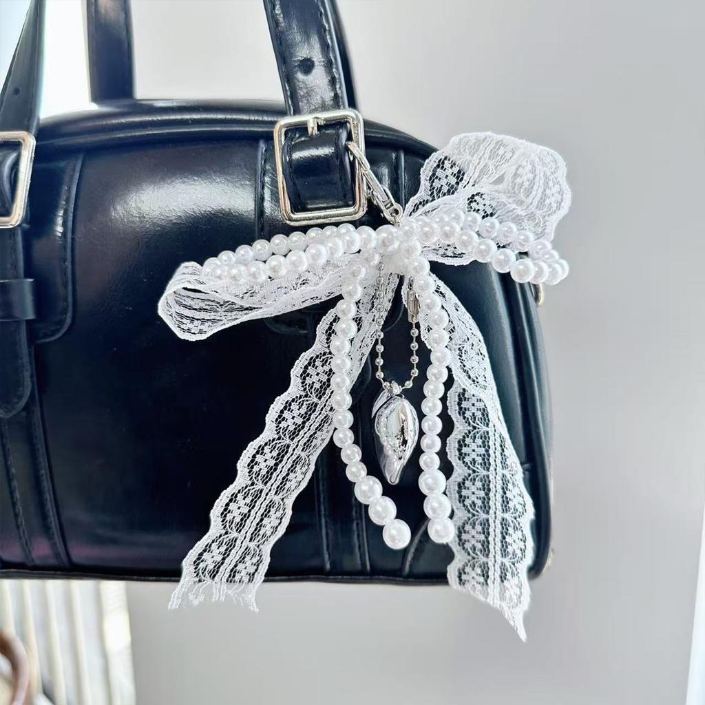 Chaveiro Elegante de Pérolas Imitadas com Contas em Forma de Laço, Ornamento de Bolsa, Nó Borboleta, Joias para Bolsas e Acessórios