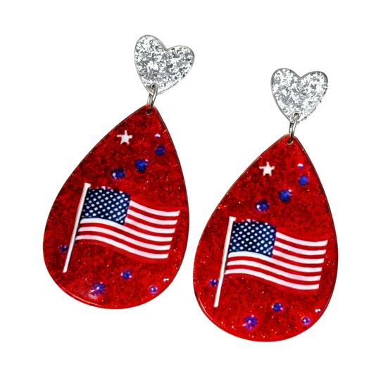 American USA Flag Earrings for Women Patriotic Red White Blue Cubic Zircon Dangle Drop Earrings, 4th of July Independence Day