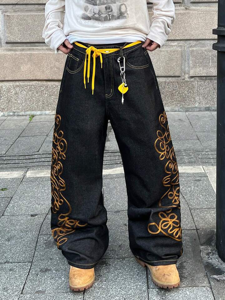 American Retro Personalized Design Embroidered Washed Loose Denim Men's Trend Brand Casual Straight-leg Pants