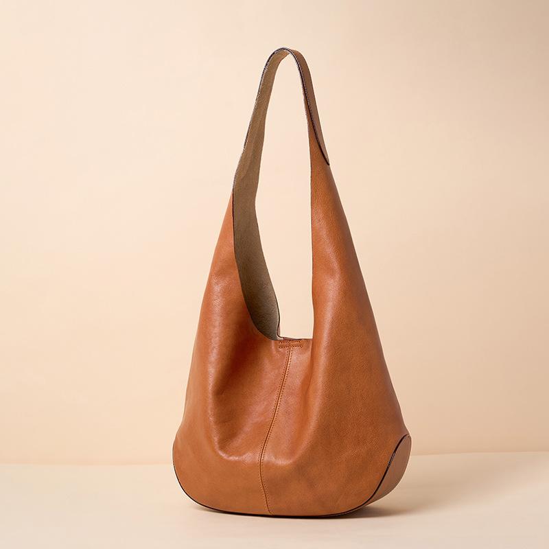 Cross-border Guangzhou First Layer Tree Paste Vegetable Tanned Cowhide Hobo Simple Large-capacity Tote Bag Premium Underarm Shoulder Bag