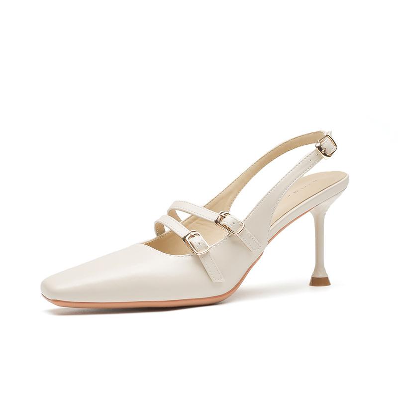 79905 [sheepskin] square head high heels women's thin heels 2025 new bag head empty word with sandals