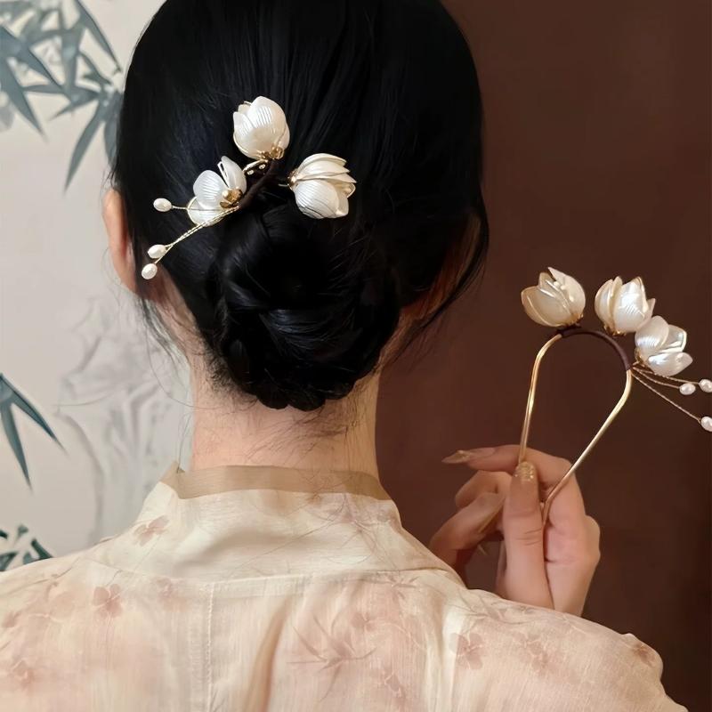 1Pc Elegant Vintage Magnolia Alloy Hairpin Decorative Hairstyle Enhancer Hair Comb Headwear Retro Hair Accessories For Women