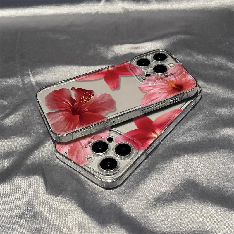 Full Screen Red Flower iPhone Case For iPhone 16 15 14 13 12 11 Pro Max XR XS MAX 7 8 PLUS MINI INS Transparent Shockproof Cover
