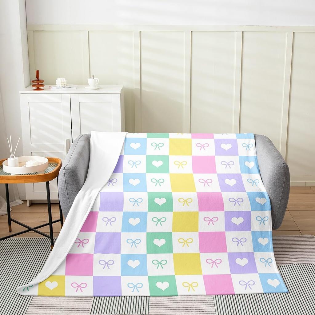 Cute Bowknot Fleece Blanket Princess Style Blue Bow Watercolor Plush Throw for Home Decor Geometric Grid Minimalist Dreamy Sofa