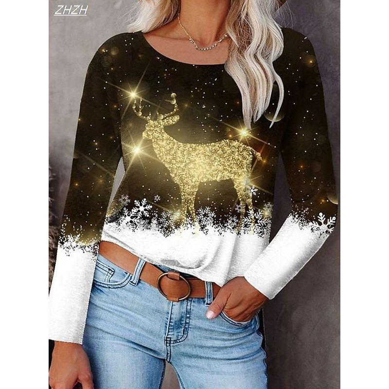 2025 Christmas Women's T Shirt Graphic Santa Claus Snowman Fashion Casual Long Sleeve Crew Neck Regular Tops Print Spring Fall