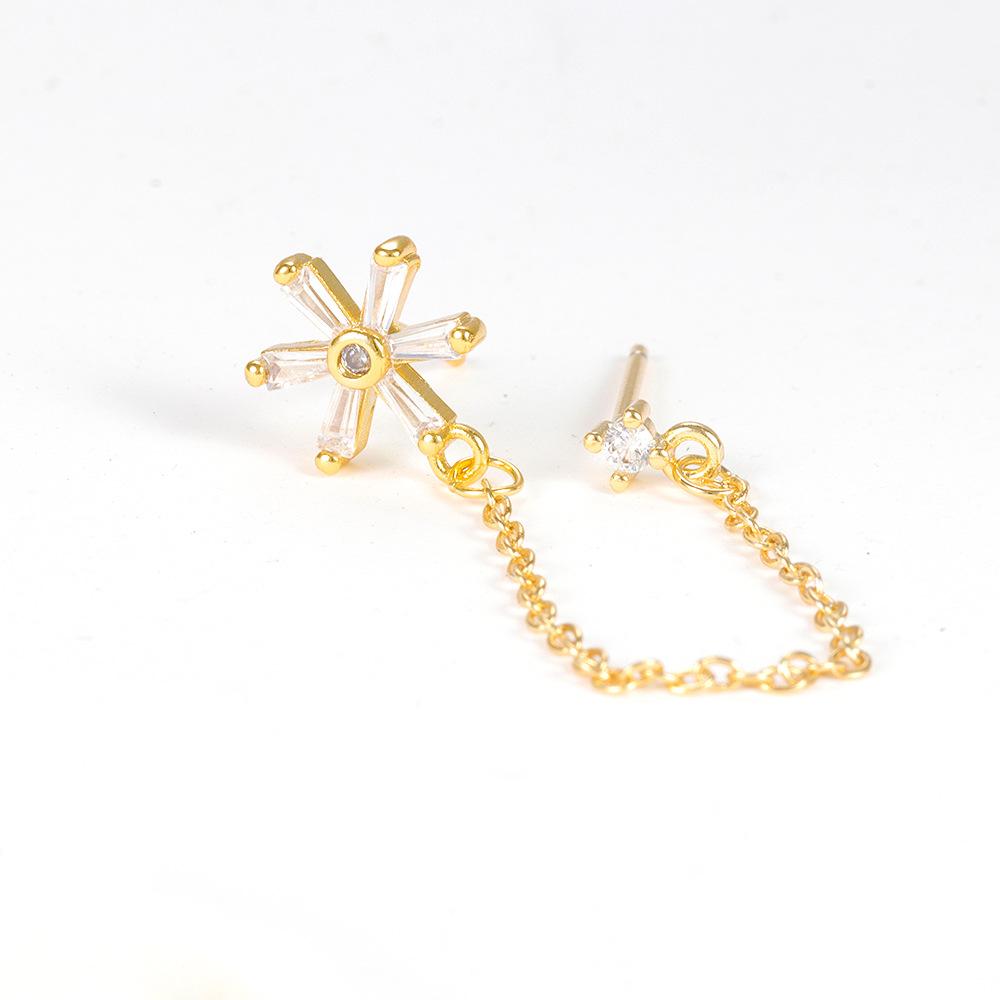 Sterling Needle Geometric Flower Chain Tassel Single Rhinestone Ear Studs Hanging Earrings Europe and America Cross Border Light