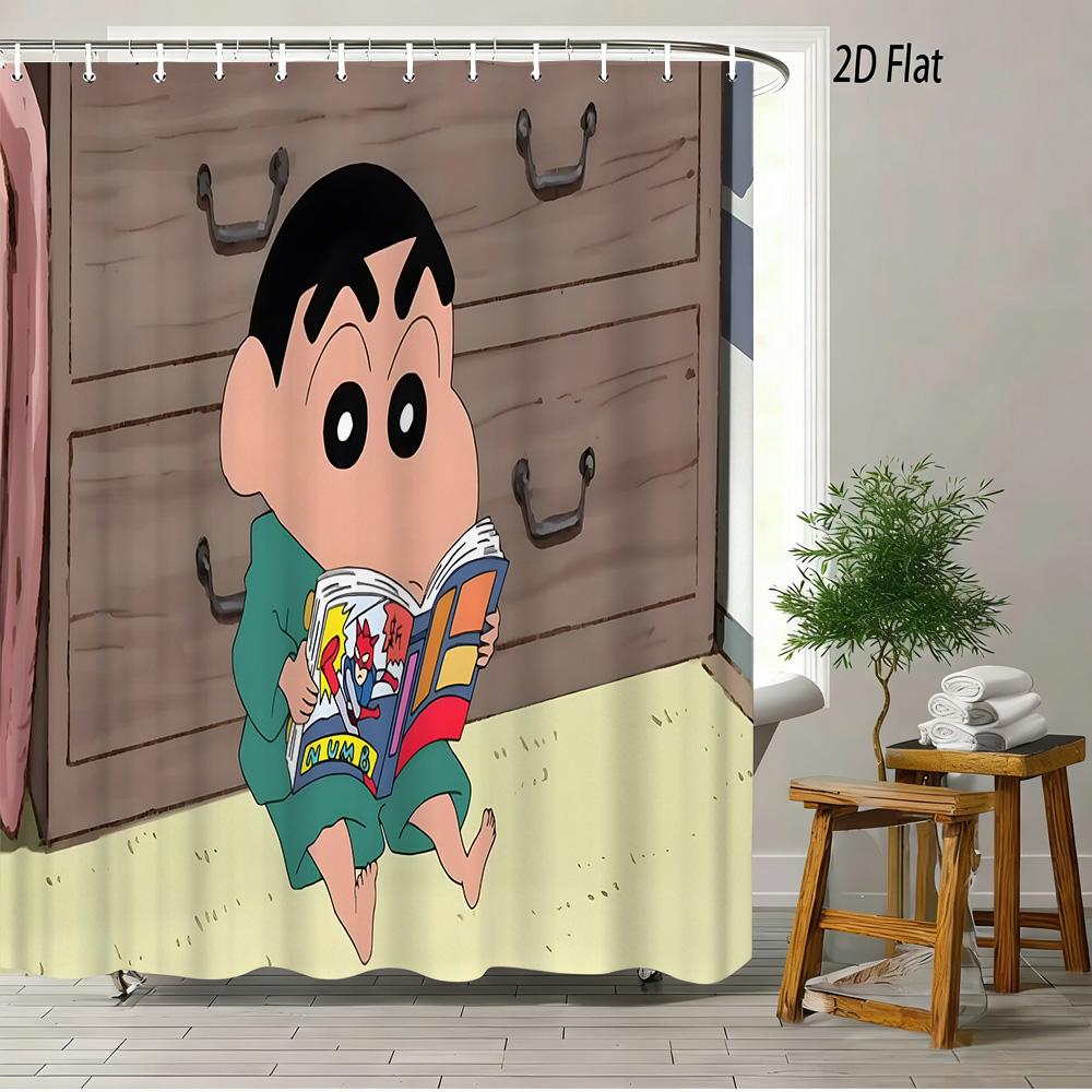 Crayon Shin-Chan Toru Kazama Animal Cosplay Peeking From Green Window Scene 2D Print Waterproof Shower Curtain, Bold Blue & Gree