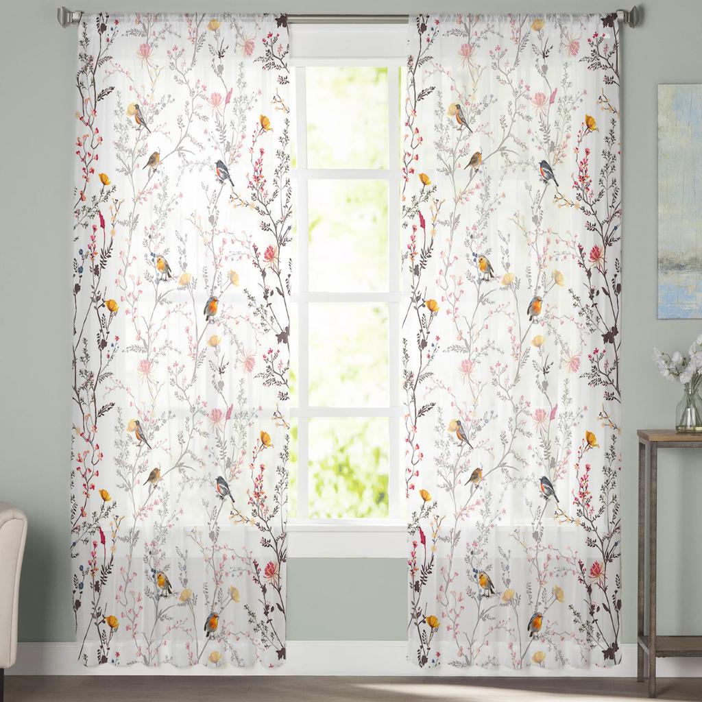 Spring Bird Sun Flower Orchid Retro Voile Sheer Curtains Living Room Window Tulle Curtain Kitchen Bedroom Drapes Home Decor