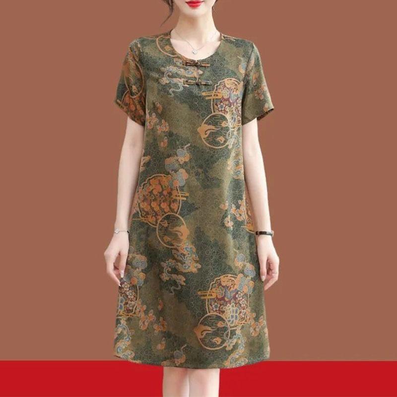 Women's Elegant Red Frog Button Short Sleeve Cheongsam Style Dress