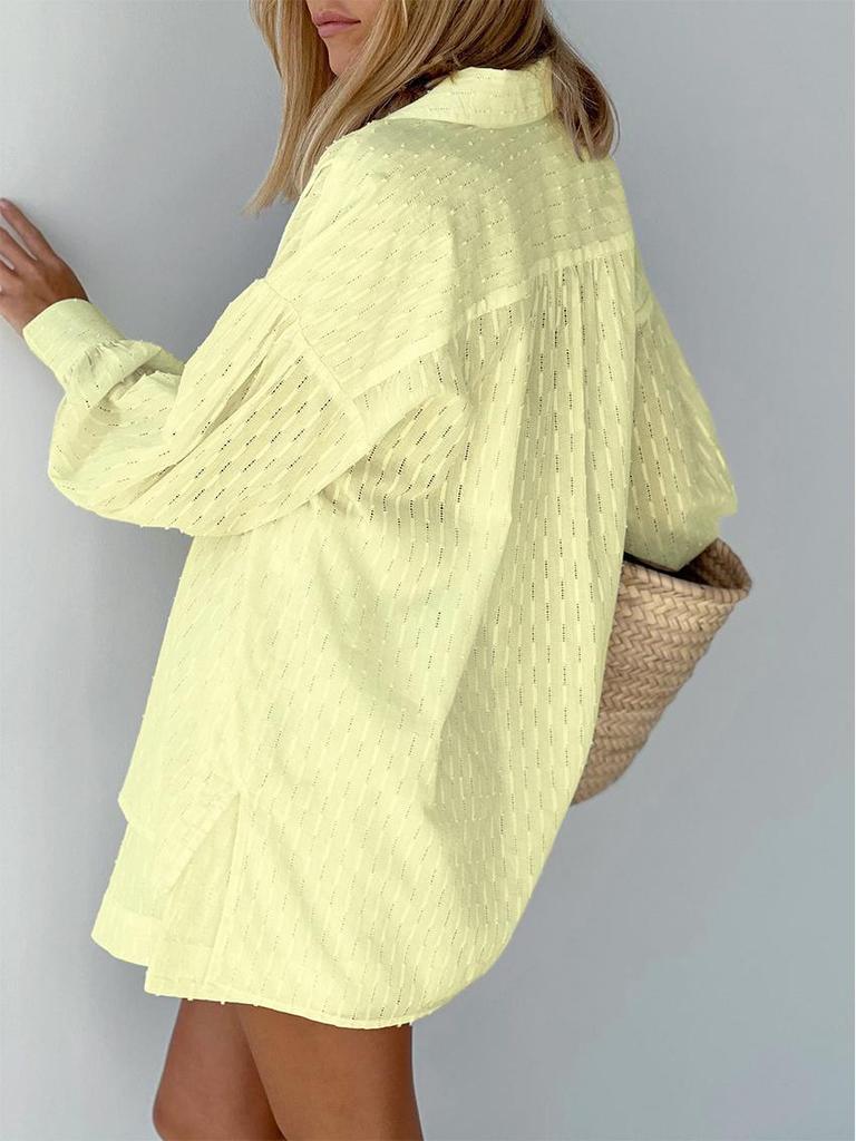 Summer Women's Jacquard Puff Sleeve Cardigan & Shorts Two-Piece Set - 2025