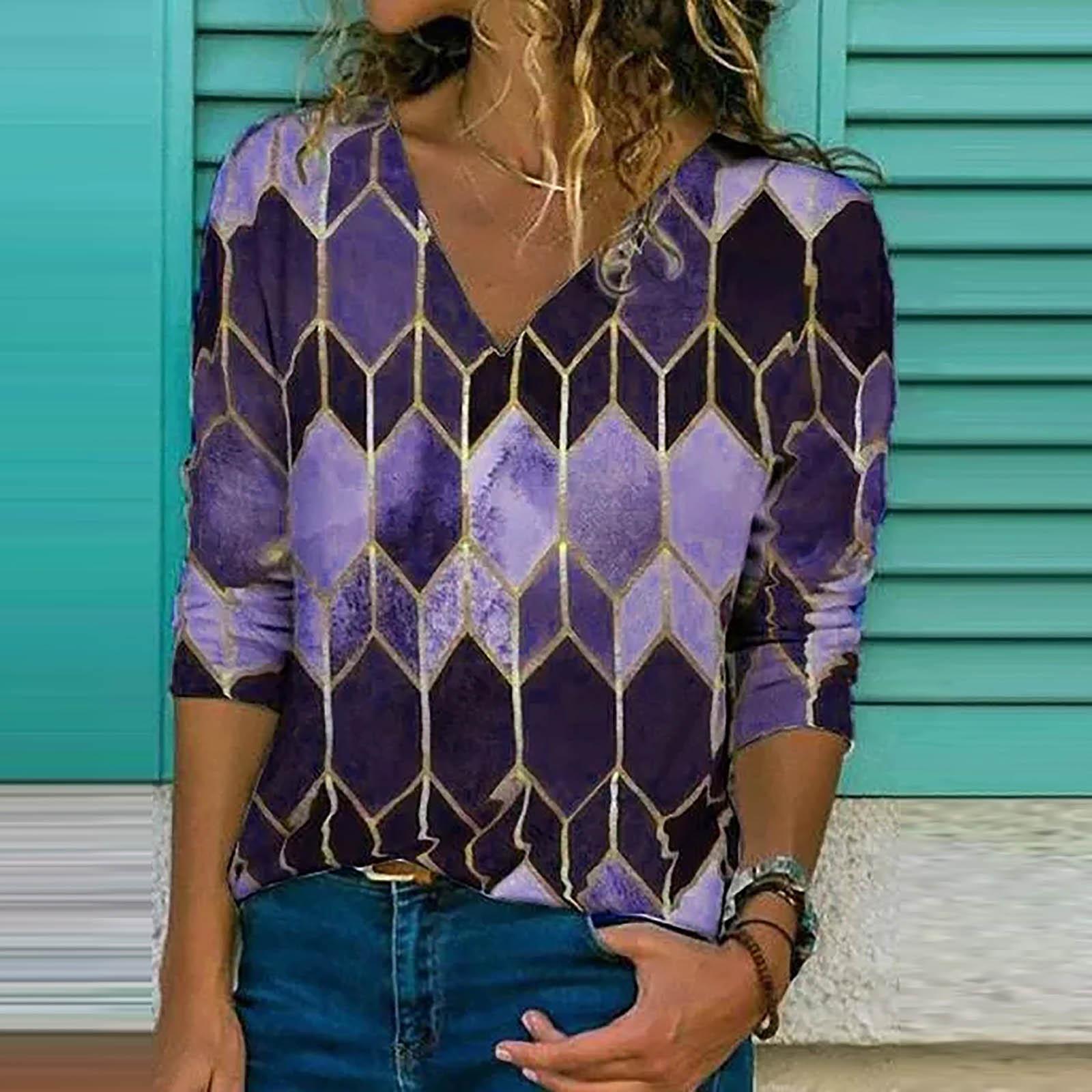 

Women Fashion V-neck Print Pullover Long Sleeve Loose Blouse Tops XL фиолетовый