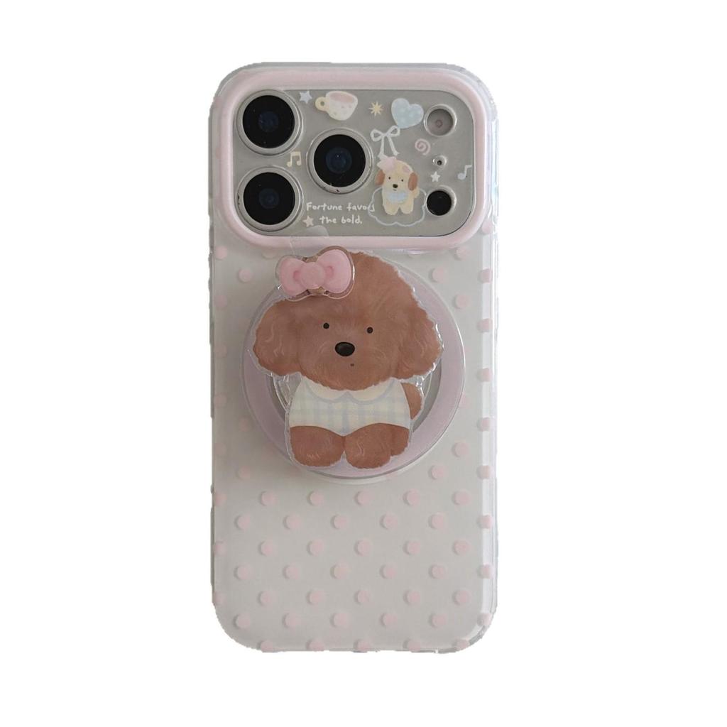 Korean-Style Pink Polka Dot iPhone 17/16/15 Case with Brown Puppy Stand, Compatible with 17 Pro Max for Women